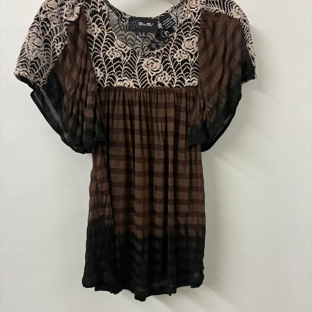 Womens Miss Me brown and black top with lace sleeves